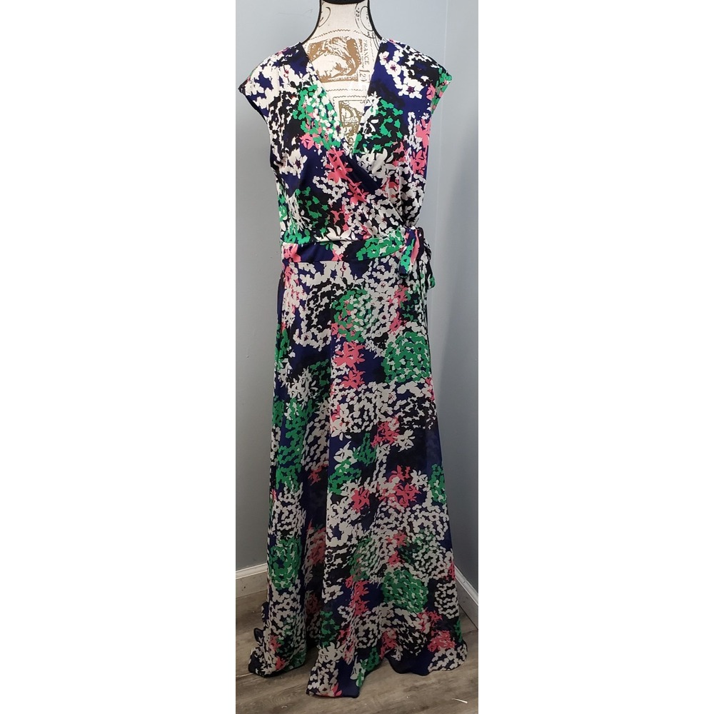 Just Taylor Flowy Maxi Dress Womens 12 Multi Floral Wrap Front Tie Waist V-Neck